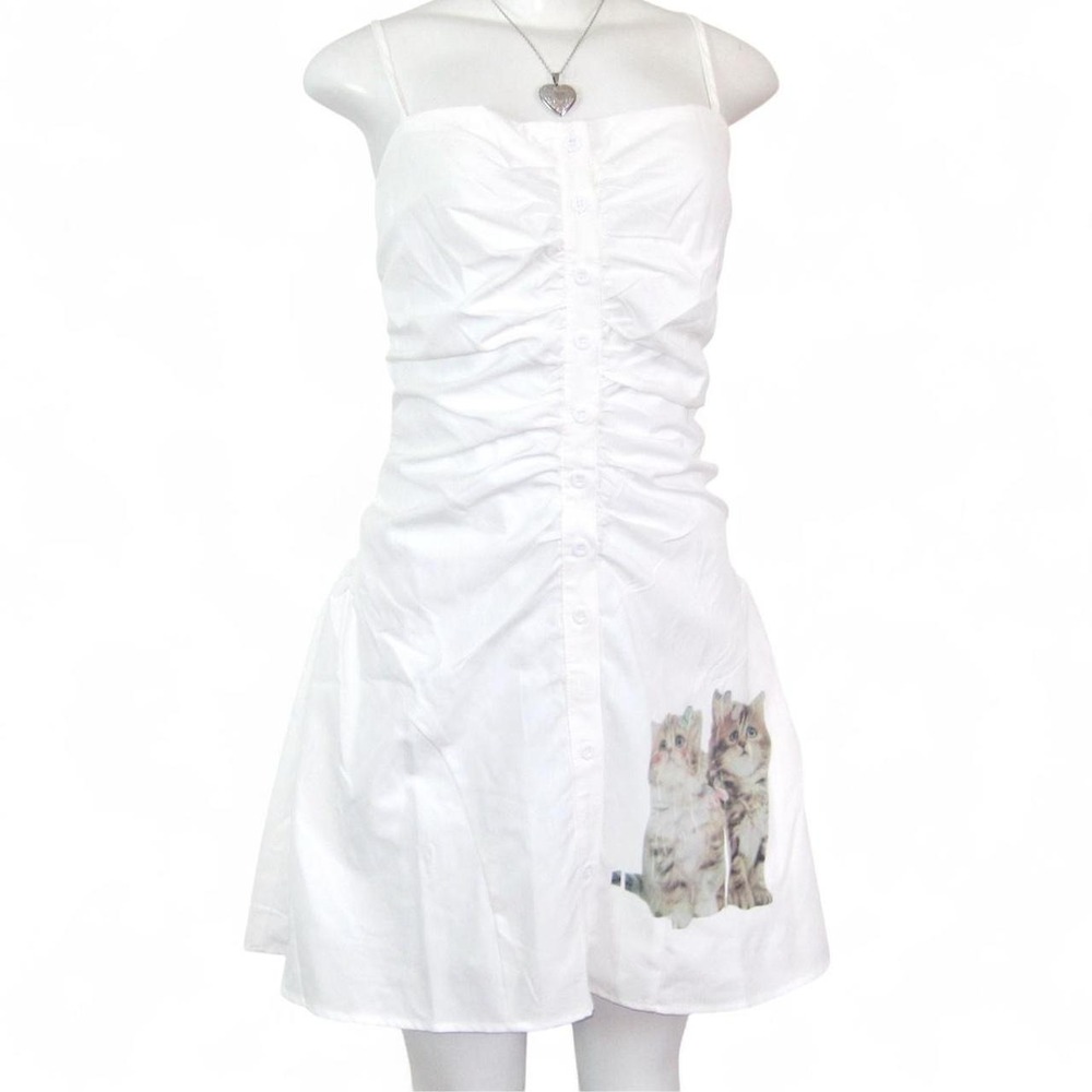 y2k white ruched button front kitten graphic mini dress